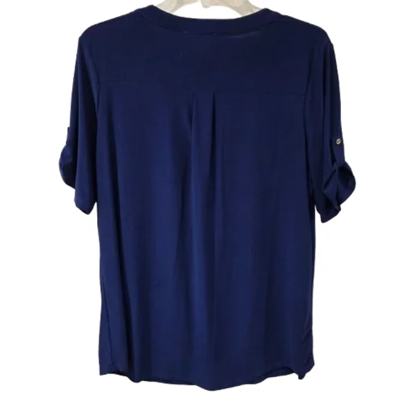 PerSeption Concepts Navy Blue Womens XL Short Sleeve BLOUSE - Picture 2 of 8